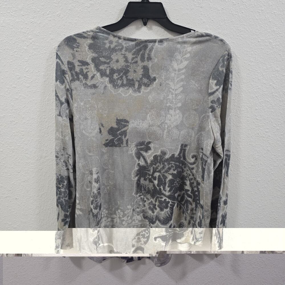 Chicos Metallic Floral Long Sleeve Top Gray Silver Stretch Sparkle Shrit L - Picture 7 of 9